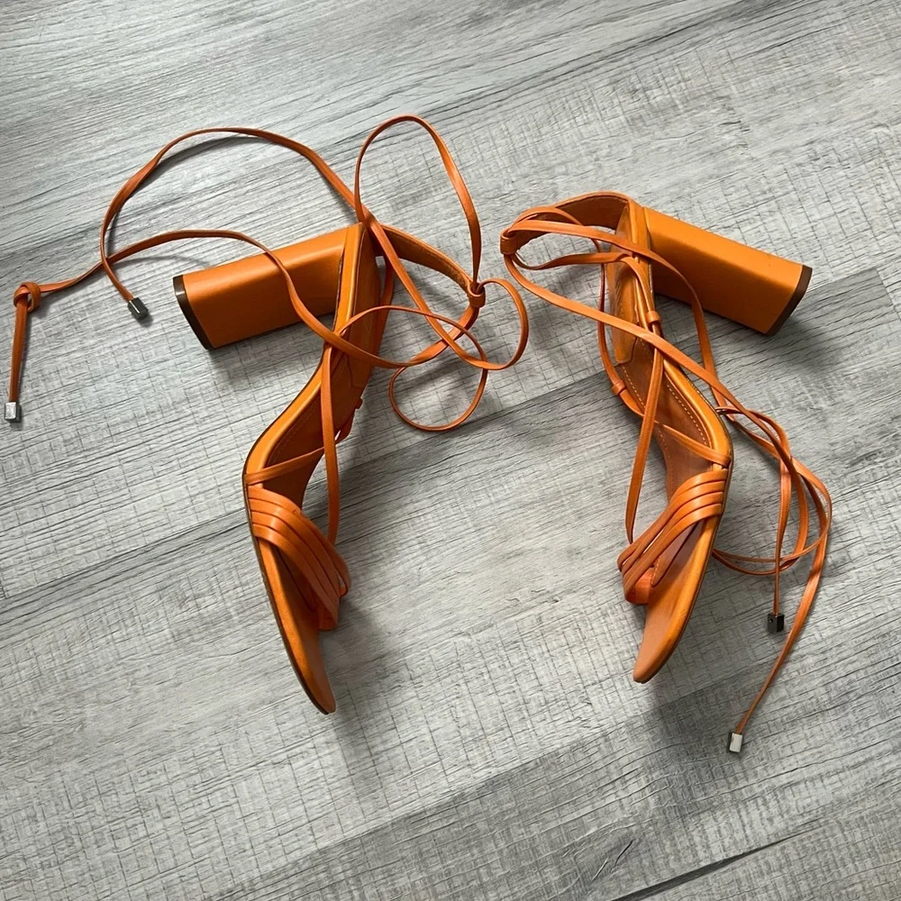 SCHUTZ Glenna Ankle Tie Sandal Bright Tangerine Orange Wrap Block Heel 8.5